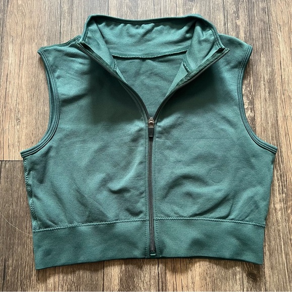 SHEIN Green Halter Sleeveless Zip Up Active Wear Cropped Top Stretch Shirt Gym L - Picture 5 of 8